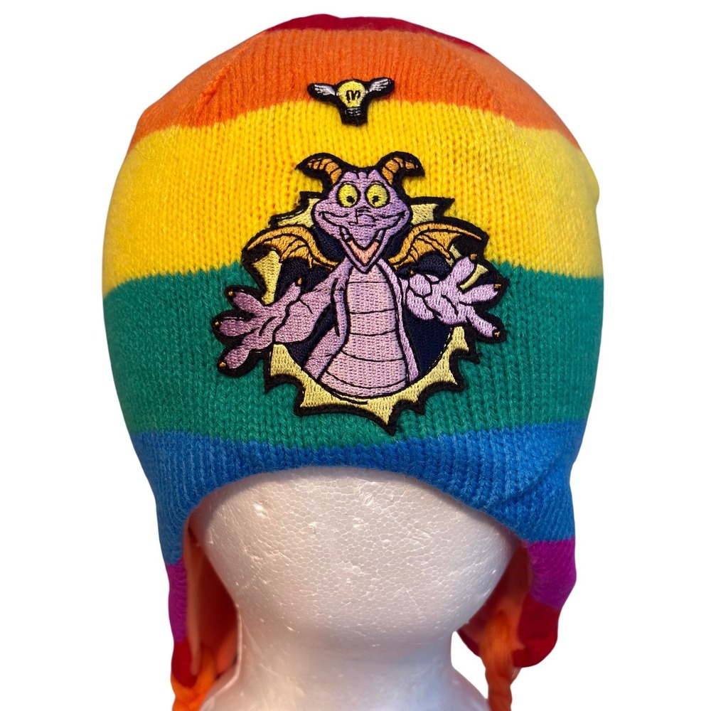 Disney Parks Figment Dragon Beanie Adult OS Rainbow Excellent Earflap Tassels